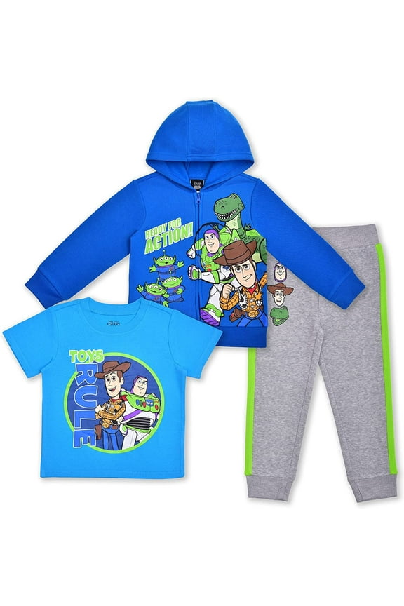 Toy Story Woody, Buzz Lightyear and Rex Boys 3 Piece Zip Up Hoodie Tee and Jogger Set, Toddler