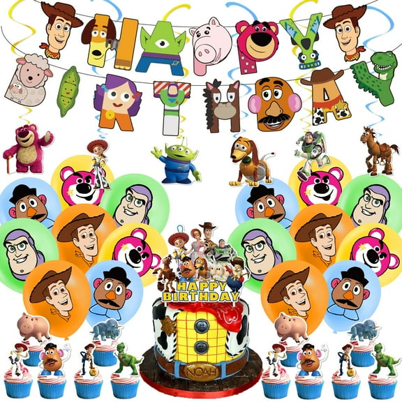 Toy Story birthday decoration supplies, party decoration set includes banner, balloons, hangings, cake toppers, cupcake toppers, Toy Story theme party for girls and kids