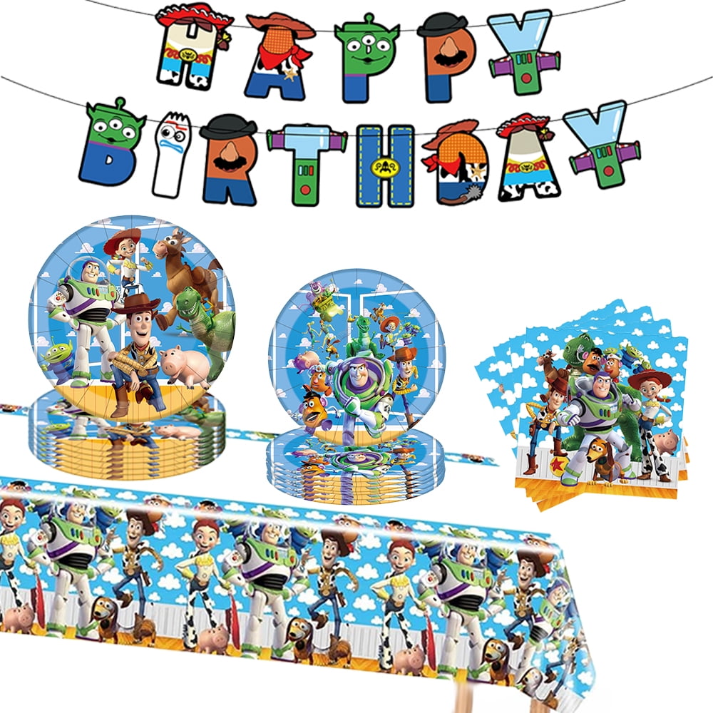 Toy Storys Party Supplies include 20 plates, 10 napkins, 1 Tablecloth,1 ...