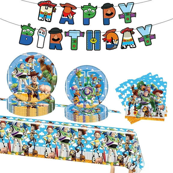 Toy Storys Party Supplies include 20 plates, 10 napkins, 1 Tablecloth,1 Banner for the Toy Storys birthday party decoration