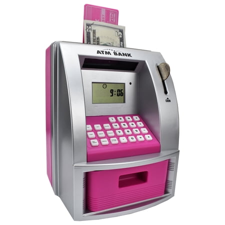 Toy Talking ATM Bank ATM Machine Savings Bank for Kids –Works a Real one- Deposit, Withdraw, Debit Card, Saving Target, Timer and Clock Pink