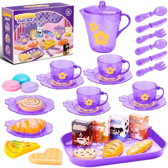 33PCS Mint Purple Pretend Play Tea Party Set for Kids Plastic Mini Kitchen Food & Dessert Toys, BPA-Free Playset Accessories with Teapot, Cups, Plates, Macarons Role Play Gift for Girls & Boys Ages 3