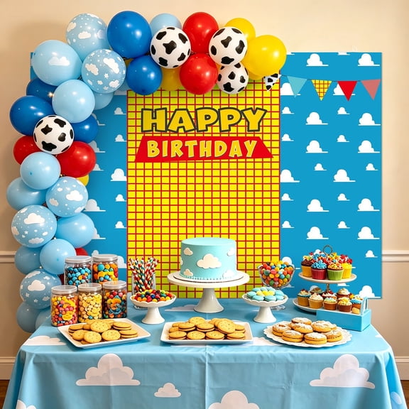 Toy Theme Birthday Party Decorations Set - Colorful Balloons Backdrop Banner Flags for Festive Celebrations