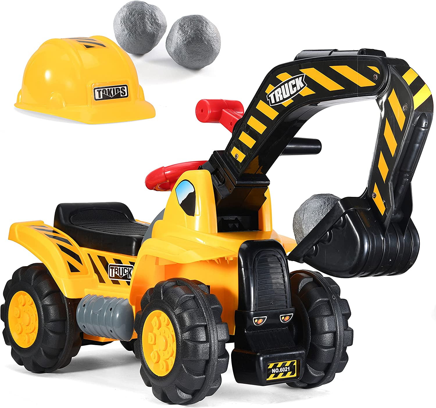 Yellow and Black Ride-On Excavator Toy with Helmet