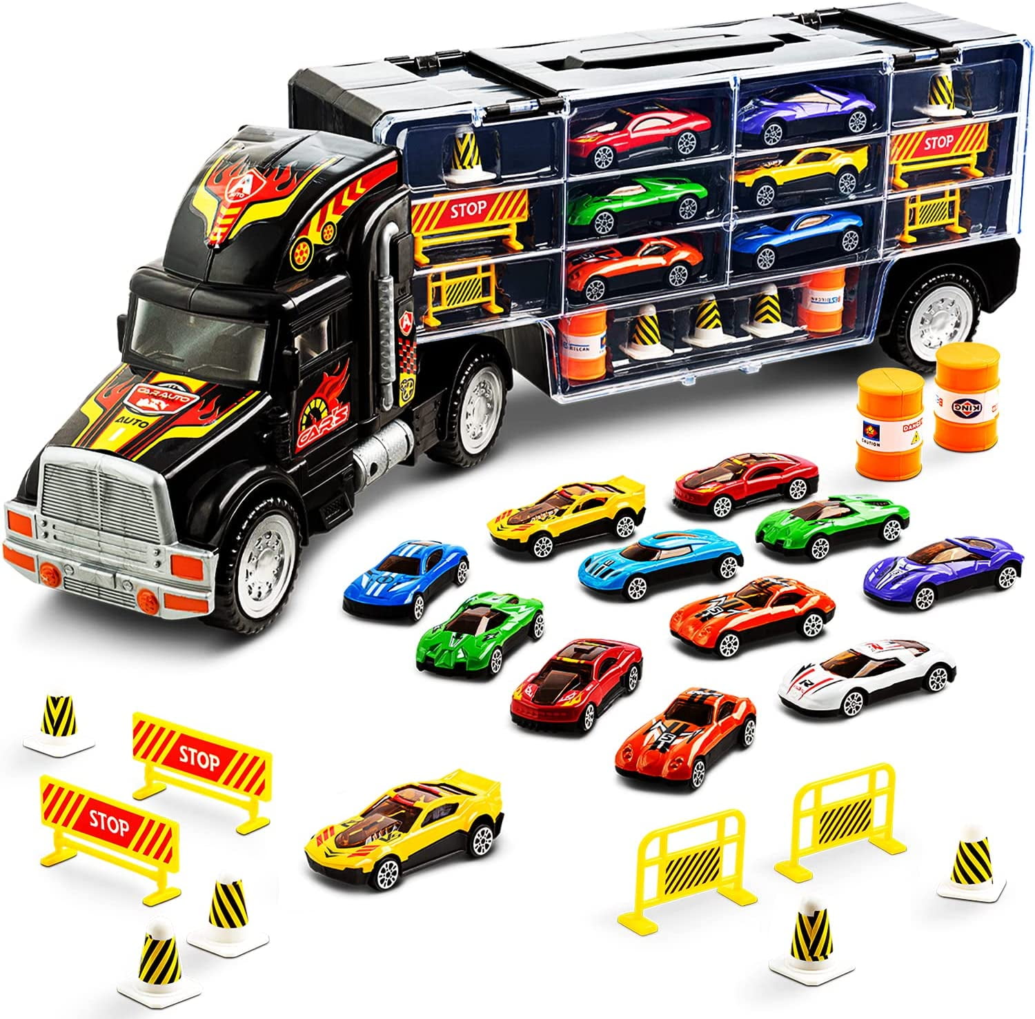 Toy Truck Transport Car Carrier Toy for Boys and Girls Age 3 - 10 yrs Old - Hauler Truck Includes 12 Toy Cars and Accessories - Car Truck Fits 28 Car Slots - Ideal Gift for Kids