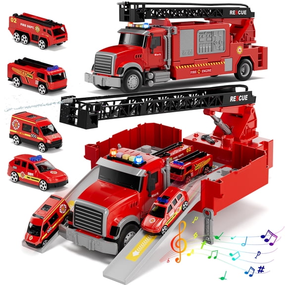 Toy Trucks for Boys 2 3 6 Years, Fire Truck Toys for Toddlers with Lights, Include Ejection Mode, Powerful Storage, Rescue Aerial Ladder, Water Pipes, 4 Alloy Vehicles, Best Birthday Christmas Gifts