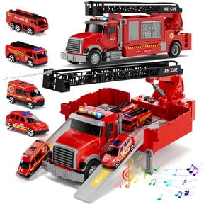 Toy Trucks for Boys 2 3 6 Years, Fire Truck Toys for Toddlers with Lights, Include Ejection Mode, Powerful Storage, Rescue Aerial Ladder, Water Pipes, 4 Alloy Vehicles, Best Birthday Christmas Gifts