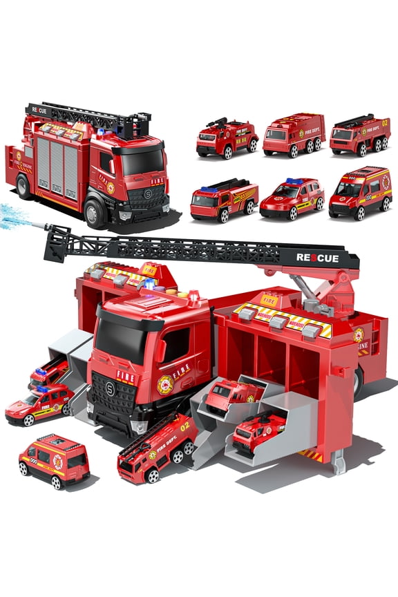 Toy Trucks for Boys 2 3 6 Years, Fire Truck Toys for Toddlers with Lights, Include Ejection Mode, Powerful Storage, Rescue Aerial Ladder, Water Pipes, 6 Alloy Vehicles, Best Birthday Christmas Gifts