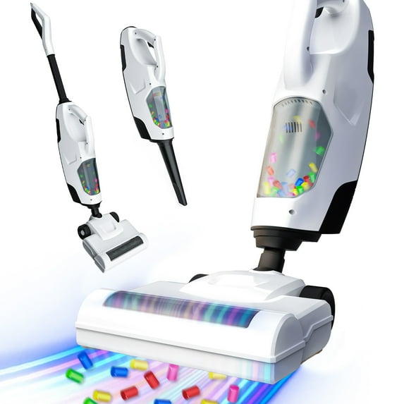 YCFUN Kid Toy Vacuum Cleaner, Cordless Vacuum with Realistic Sounds Action, Pretend Play Cleaning Toy Housekeeping Set for Toddlers Boys Girls (White)