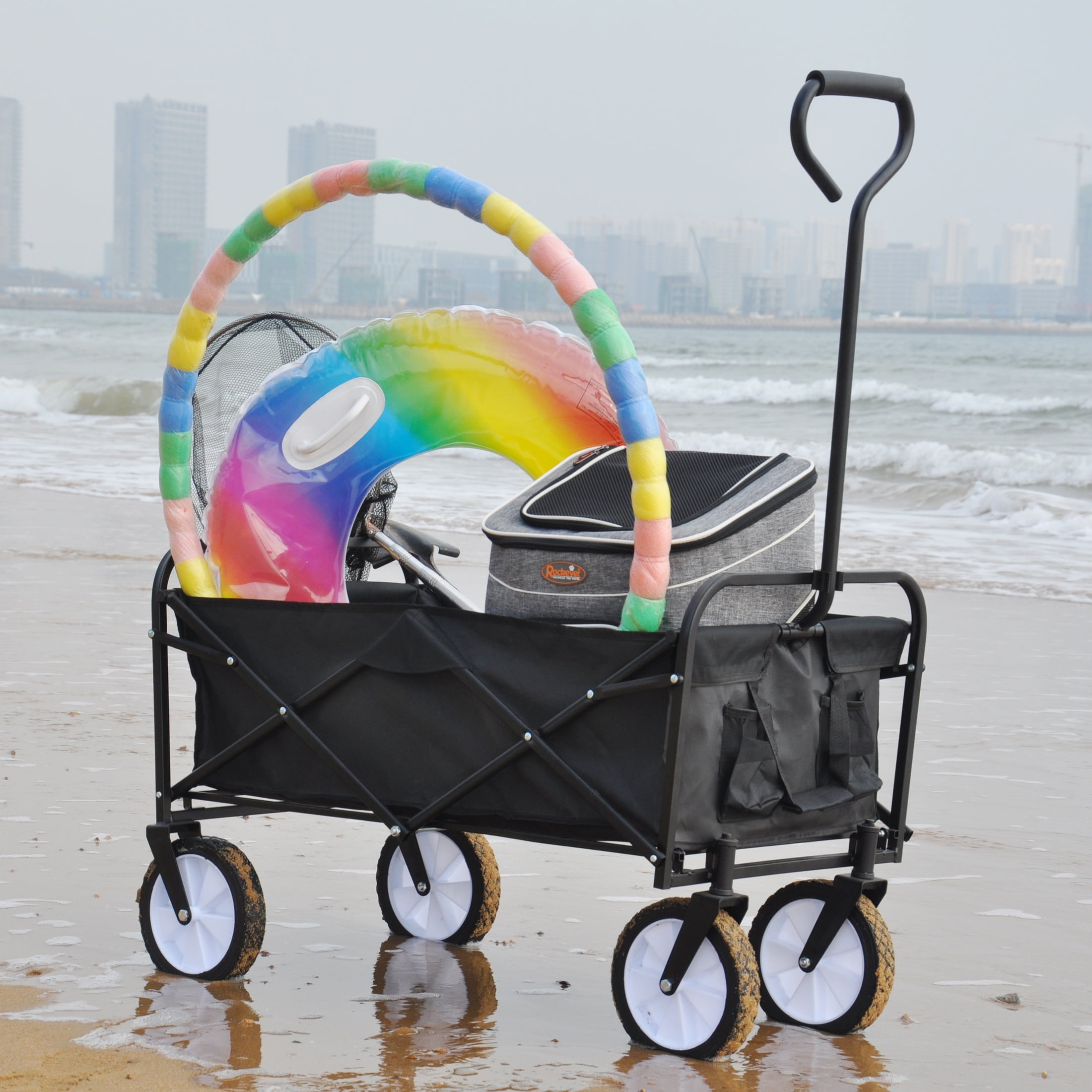 Grocery Cart with Wheels Collapsible Outdoor Utility Wagon with All Terrain Wheels Heavy Duty Beach Wagon with Drink Holder Blue Folding Wagon for
