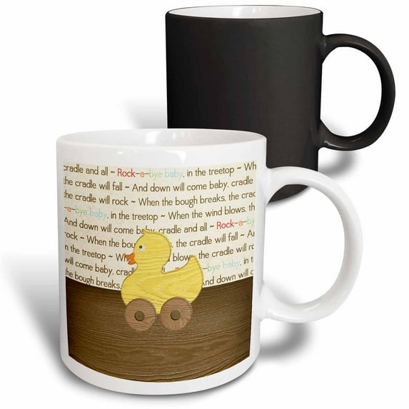 3drose, Toy Wooden Yellow Duck with Wheels, Rock a Bye Baby Wallpaper Room, 11oz Magic Transforming Mug