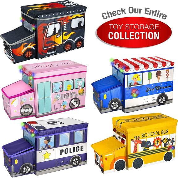 Toy box for boys, Junior size, interactive Light up LED Toy chest, Children's Decorative Racing Truck Storage Bin, Toy Storage, Foldable Storage/Toy Box, Pop up Organizer, (Racing Collection)