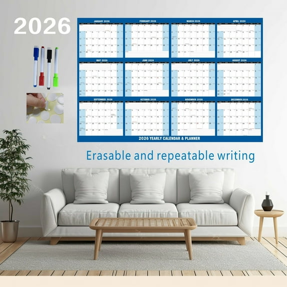 ToyKingdee 2026 Wall Calendar Erasable Large Wet & Dry Erase Laminated 12 Month Annual Yearly Wall Planner, Reversible, Horizontal/Vertical