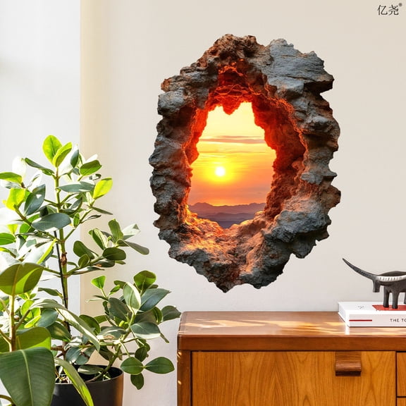 ToyKingdee 3D Stone Cave Window Peel and Stick Wall Decal, Removable Sunset Mural, PVC Vinyl Art for Living Room, Bedroom, and Office Decor