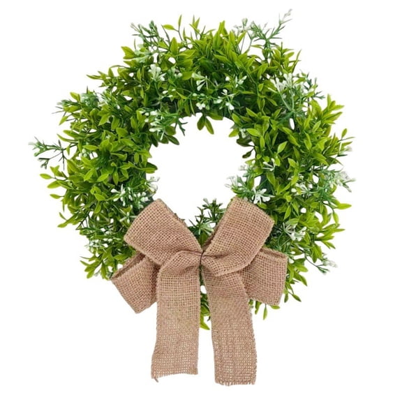 ToyKingdee Artificial Boxwood Wreath with Jute Bow and White Floral Accents, Farmhouse Decor for Front Door and Year-Round Home Use