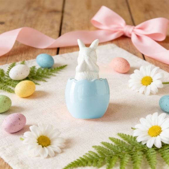 ToyKingdee Bunny Egg Ornaments — White Porcelain Rabbit Figurines on Egg Sculpture — Cute See Hear Speak No-Evil Decorative Desk & Shelf Accent, Easter & Housewarming Gift