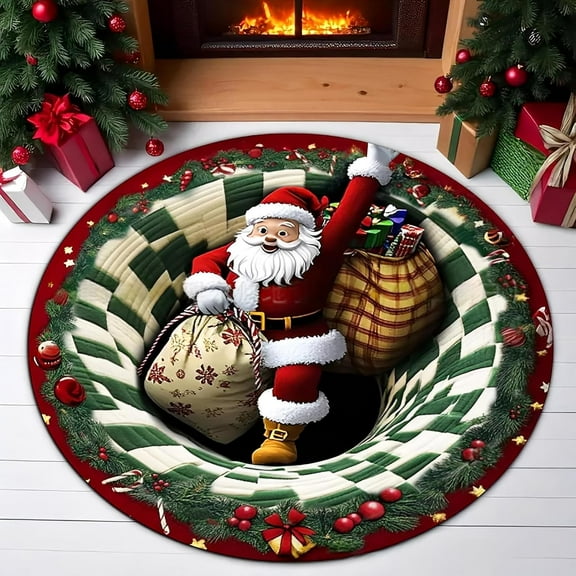 ToyKingdee Christmas 3D Rug, 3D Christmas Rugs for Living Room, Optical Illusion Door Mat, Santa Claus Quilted & Gnome Quilted Round Mat, ChristmasArea Rug