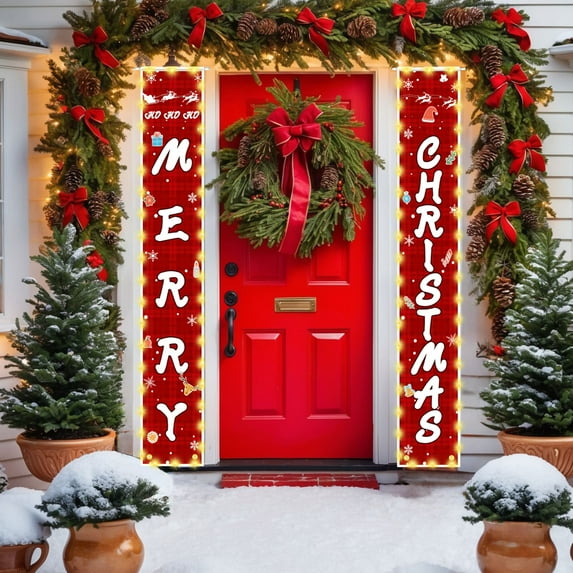 ToyKingdee Christmas Decorations Outdoor Merry Christmas Banner with String Lights Xmas Porch Door Welcome Sign Hanging Christmas Decor for Home Holiday Outdoor