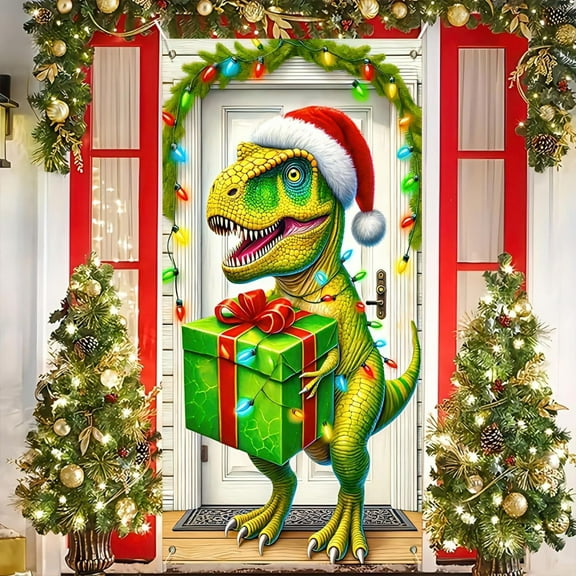 ToyKingdee Christmas Dinosaur Door Cover Large Dinosaur Door Banner Decorations T-Rex Delivering Gifts Door Backdrop Photography Background for Xmas Holiday Party Supplies