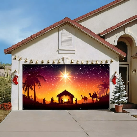 ToyKingdee Christmas Garage Door Banner Cover, Fabric Nativity Scene Christmas Backdrop Photo Booth Background for Xmas Holiday Winter New Year Eve Party Decorations Supplies