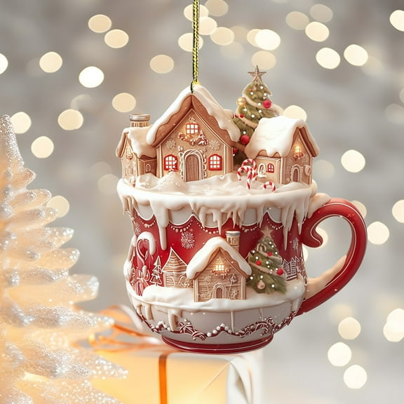 ToyKingdee Christmas Hot Cocoa Ornaments, Christmas Snow Houses Hot Chocolate Mug Ornaments 2D Acrylic, Christmas Tree Decoration Charm Hot Cocoa Theme Pendant for Indoor Outdoor