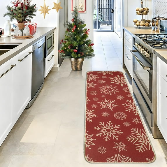 ToyKingdee Christmas Kitchen Rugs Snowflake Christmas Kitchen Mat for Floor Non-Slip Red Kitchen Rugs for Xmas Kitchen Bedroom Farmhouse Decorations Winter Holiday Decor