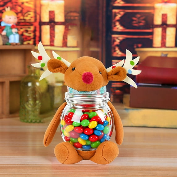 ToyKingdee Clear Candy Jar in Plastic with White Antler and Brown Bear Antler Motifs for Seasonal Candy Storage and Decorative Purposes