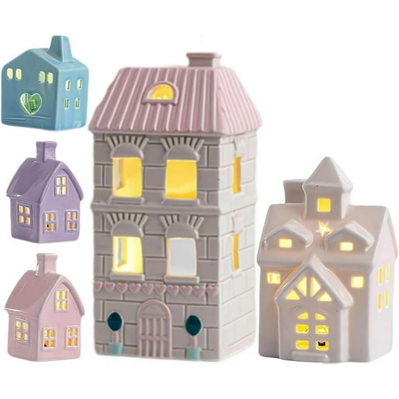 ToyKingdee Colorful Ceramic Christmas Village Houses Set, Porcelain Christmas Village Figurines, Lighted Xmas Winter Villages Buildings House, Holiday Farmhouse Rustic Decor