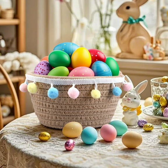 ToyKingdee Decorative Cotton Rope Woven Basket Organizing Storage for Home Office Desktop Versatile Sundries Cosmetics Holder Pom Poms