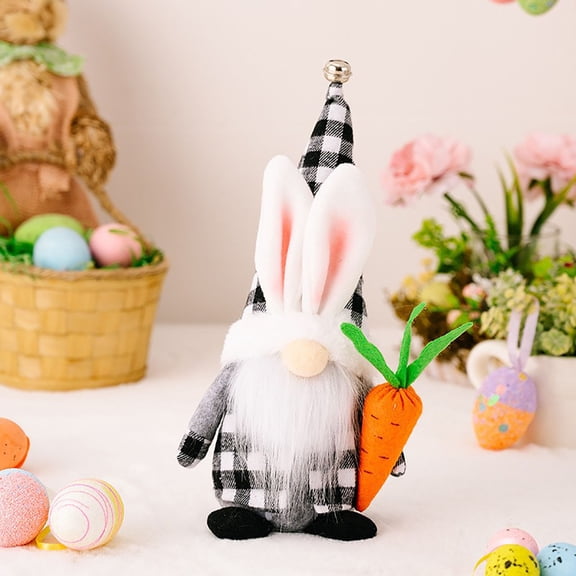 ToyKingdee Easter Gnomes Plush Decorations Handmade Black White Buffalo Plaid Bunny Gnomes Figurine Holding Carrots & Flowers Swedish Rabbit Faceless Elf Dwarf for Spring Tired Tray Decor