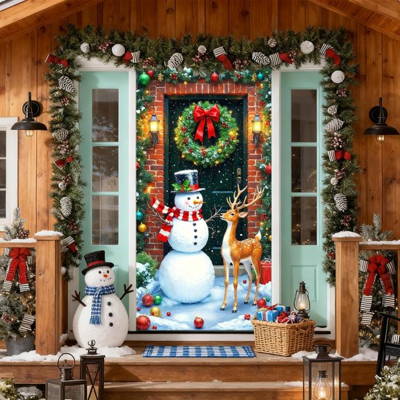 ToyKingdee Elastic Christmas Front Door Cover, Holiday Door Banner for Photography Background, Xmas Party Photo Booth and Home Decor