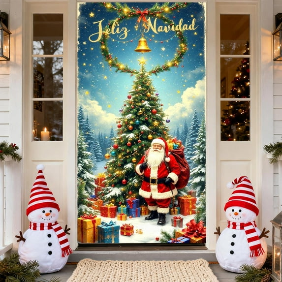 ToyKingdee Elastic Christmas Front Door Cover, Holiday Door Banner for Photography Background, Xmas Party Photo Booth and Home Decor