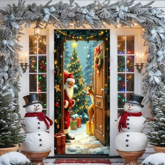 ToyKingdee Elastic Christmas Front Door Cover, Holiday Door Banner for Photography Background, Xmas Party Photo Booth and Home Decor