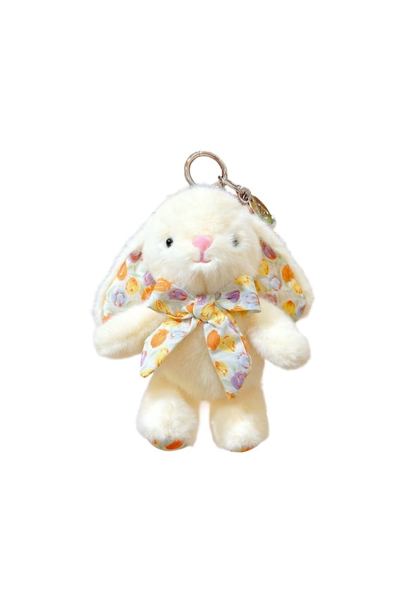 Floral Pattern Bunny Plush Keychain, Cute Stuffed Animal Accessory for Bags and Gifting