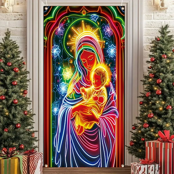 ToyKingdee Fluorescent Christmas Door Cover Party Banner, Glow in The Dark Christmas Banner with Santa & Tree, Fluorescent Outdoor/Indoor Decorations for Front Door, Party, Wall