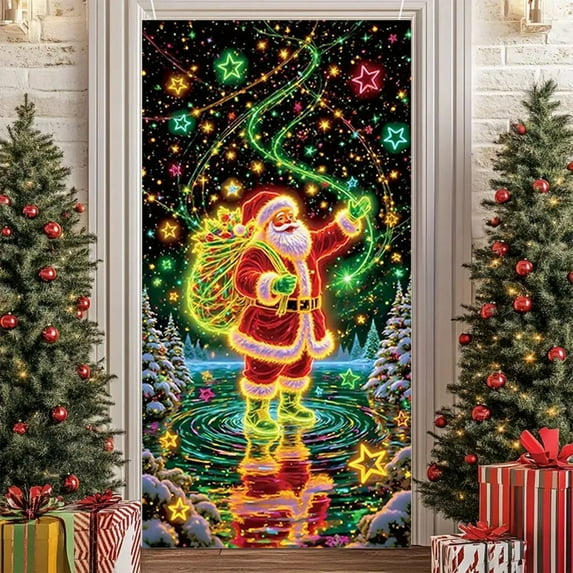 ToyKingdee Fluorescent Christmas Door Cover Party Banner, Glow in The Dark Christmas Banner with Santa & Tree, Fluorescent Outdoor/Indoor Decorations for Front Door, Party, Wall