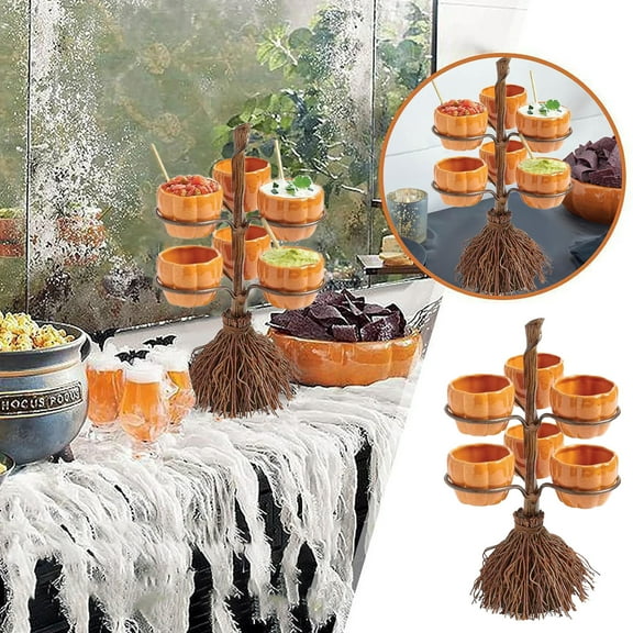 ToyKingdee Halloween Pumpkin Snack Bowl Stand Collapsibles Candy Trays On Brooms For Serving Cupcakes And Desserts Party Decorations