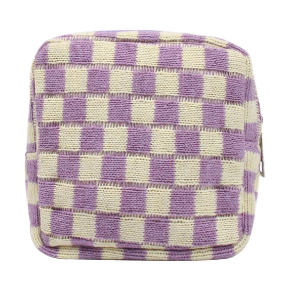 ToyKingdee Knit Checkered Makeup Bag Large Zipper Make Up Accessory Pouch for Purse Cosmetic Brush Bag for Travel Essential