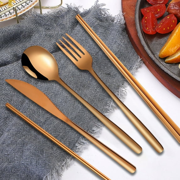 ToyKingdee Korean Stainless Steel Cutlery Set Knife Fork Spoon Chopsticks Straw Brush Storage Bag 7 Pcs Outdoor Camping Portable Knife And Fork Set