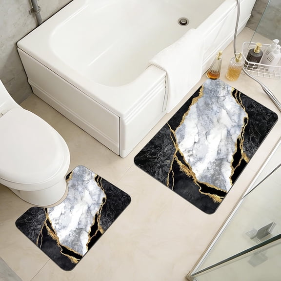 ToyKingdee Marble Bathroom Mats Rugs Sets, Abstract Bath Mat Quick Dry Thin Rubber Back Diatomaceous Earth Rugs with U-Shaped Contour Toilet Mat for Bathroom Decor Floor Shower Room
