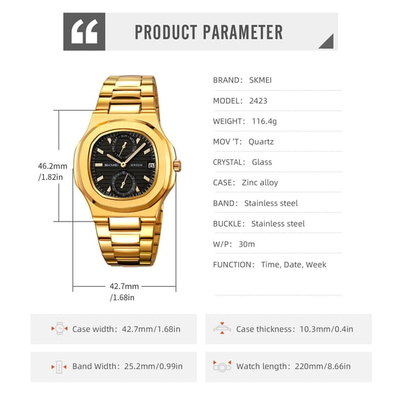 ToyKingdee Men's Business Quartz Watch with Stainless Steel Band, 30M Waterproof, Analog Day Date Display, Classic Square Case