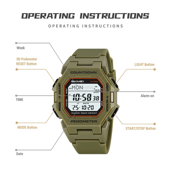 ToyKingdee Men's Water-Resistant Sports Watch with Pedometer, Countdown Timer, and Luminous Display