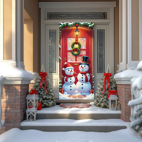 ToyKingdee Merry Christmas Snowman Front Door Cover Decorations, Xmas Tree Gifts Snow Decorative Banner Background, Winter Holiday Home Decor