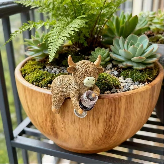 ToyKingdee Mini Highland Cow Figurines Planter Hugger, Resin Statue for Pots Rustic Indoor Outdoor Garden & Home Decor, Unique Gift for Plant Lovers