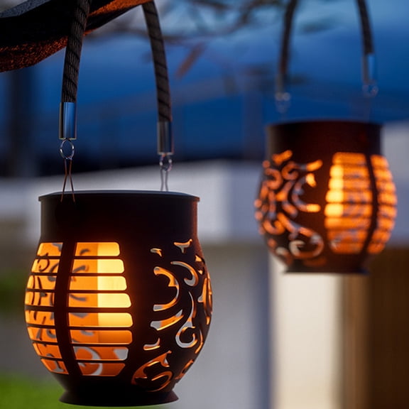 ToyKingdee Outdoor Solar Flame Pendant Lanterns, Waterproof, Set of 2, with Simulated Flickering Light, for Garden, Patio, and Courtyard, No Wiring Required, ABS Plastic