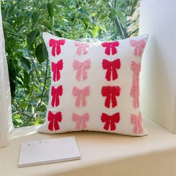 ToyKingdee Pink Bow Pillow Preppy Room Decor Coquette Bow Embroidered Pillow Soft Throw Pillow for Couch Sofa Bedroom Aesthetic Decor