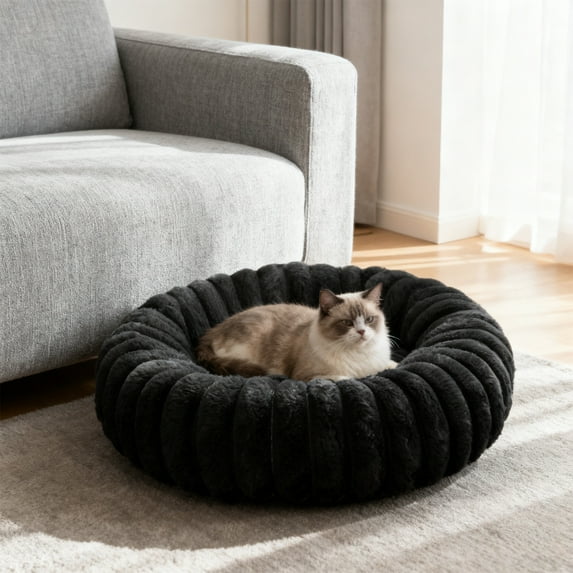 ToyKingdee Round Cat Bed Kitten Beds, Donut Small Cats Bed, Washable Super Soft Plush Faux Fur Pet Beds with Anti-Slip Bottom, Cat Cave Beds Calming Bed Cute Puppy Beds for Indoor