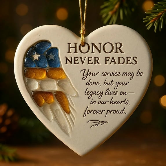 ToyKingdee SEA Glass of Honor — Heart-Shaped Veteran Keepsake Ornament, American Flag Design Sea Glass Hanging Ornament, Engraved “Honor Never Fades” Tribute, Unique Gift