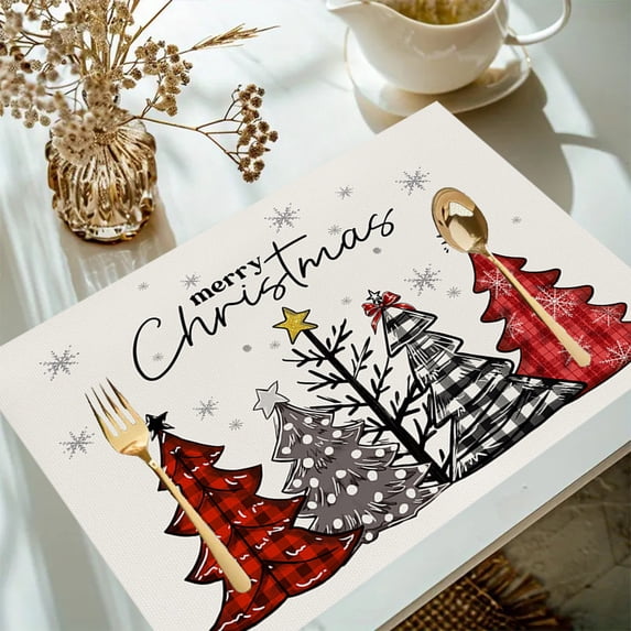 ToyKingdee Snowflakes Christmas Vinyl Placemats, Red Black Buffalo Wipeable Winter PVC Woven Table Mats for Party Kitchen Dining Decor