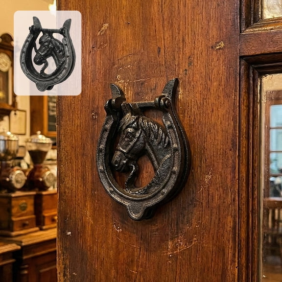 ToyKingdee Vintage Cast Iron Horse Head Door Knocker, Black, 6.30x4.72in, American Country Style, for Front Door, Wall Decor, and Gate, 500g